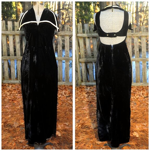 VTG 60s Black Velvet Maxi Dress ILGWU Sailor Collar Cut-Out Back Empire Waist XS - Picture 2 of 8